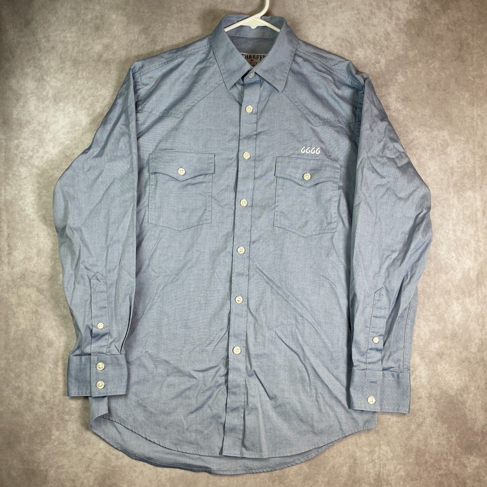 Schaefer Outfitter Western Shirt Mens Medium Blue Button Up Long Sleeve USA Made